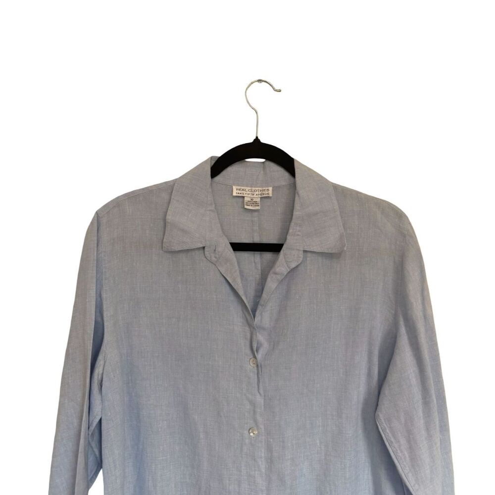 Real Clothes Saks Fifth Avenue 100% Linen Button Up Shirt Blue Women's Size 10 - Picture 3 of 6